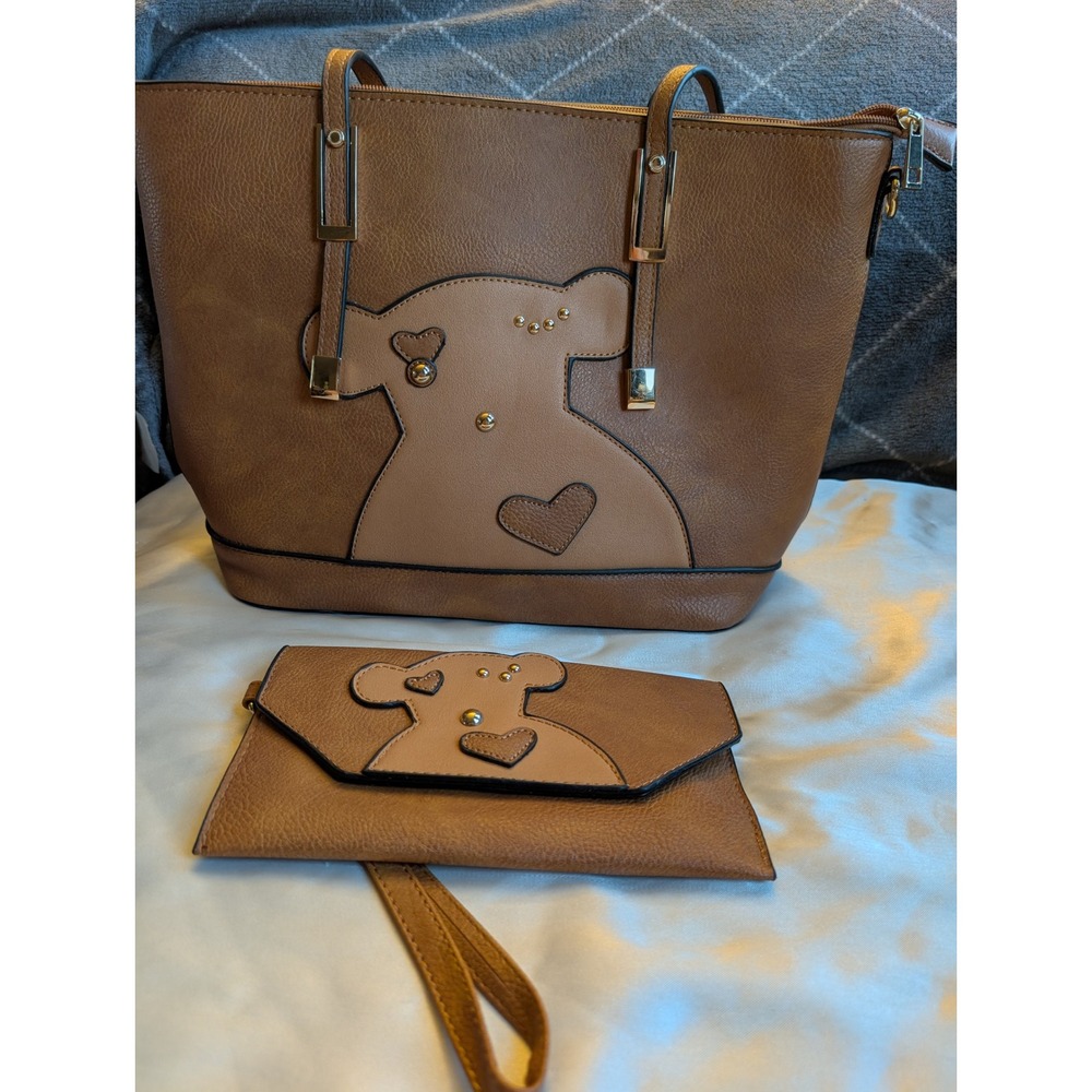 Winking Teddy Bear Tote Bag & Matching Wristlet Set Brown Vegan Leather EUC
